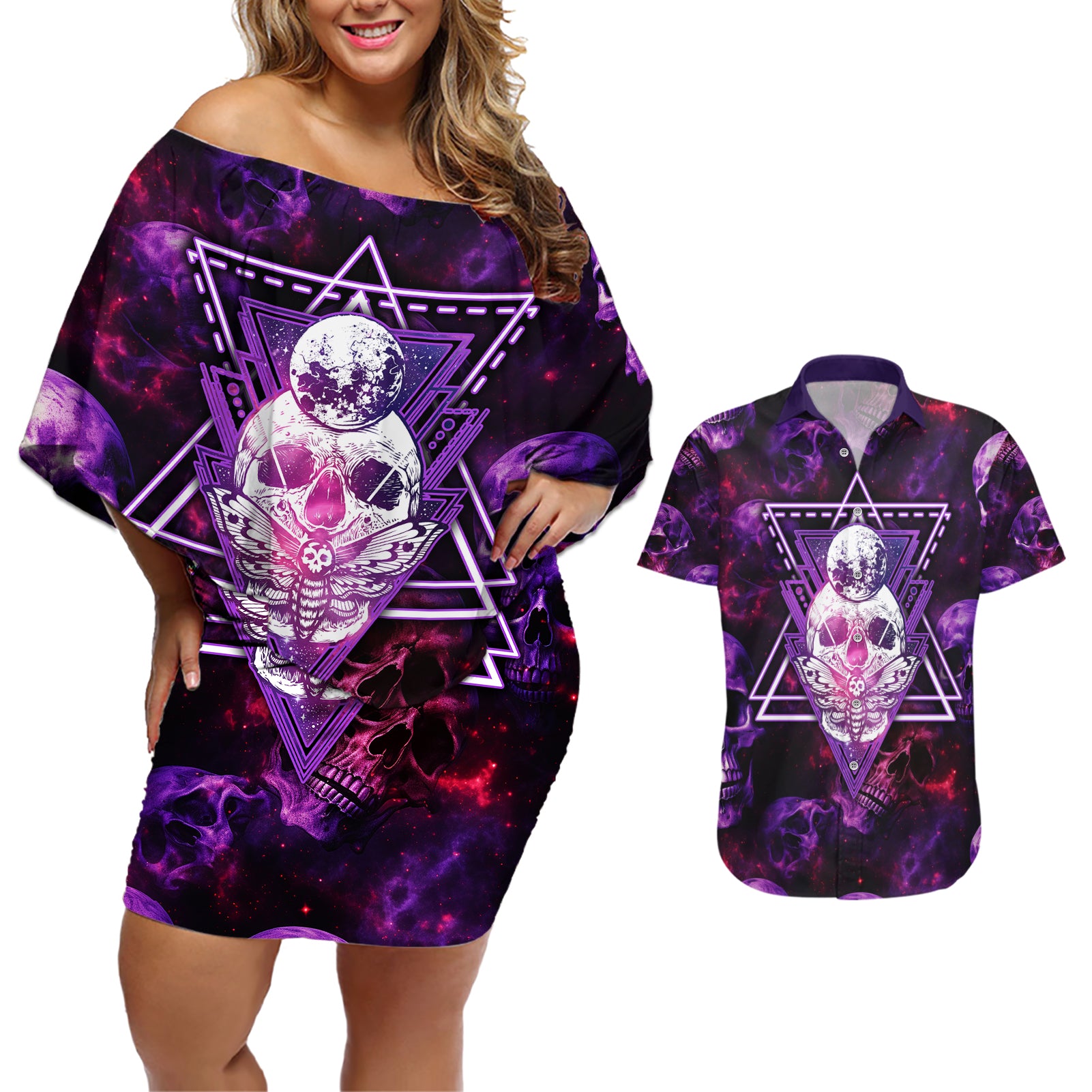 Skull and Moth Couples Matching Off Shoulder Short Dress and Hawaiian Shirt Fantasy Cosmic Abstract - Grunge Purple Art - Wonder Print Shop