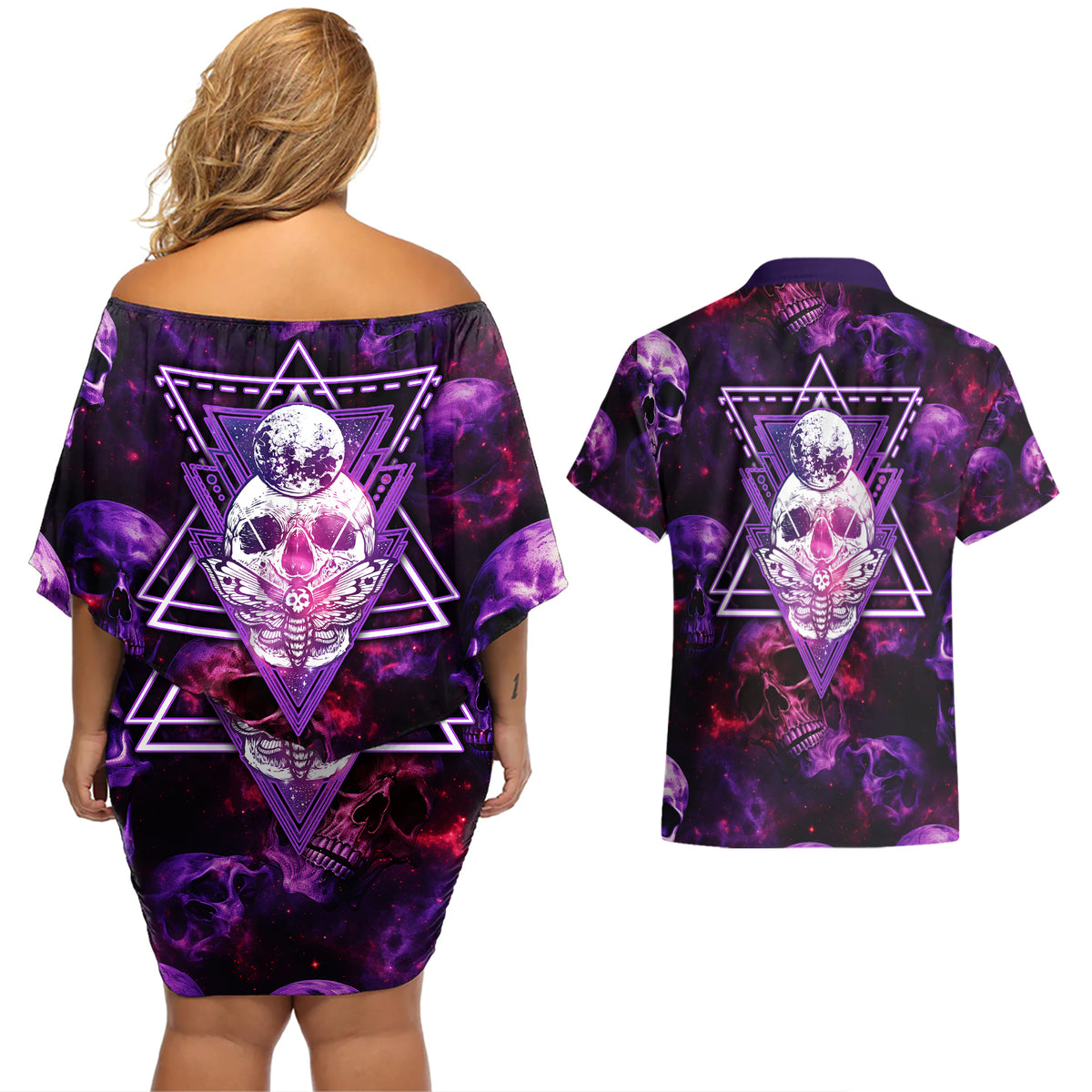 Skull and Moth Couples Matching Off Shoulder Short Dress and Hawaiian Shirt Fantasy Cosmic Abstract - Grunge Purple Art - Wonder Print Shop