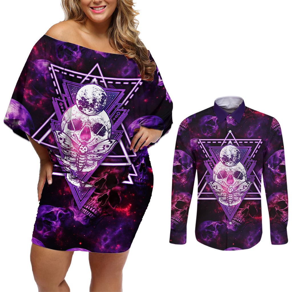 Skull and Moth Couples Matching Off Shoulder Short Dress and Long Sleeve Button Shirts Fantasy Cosmic Abstract - Grunge Purple Art - Wonder Print Shop