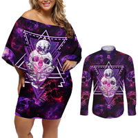 Skull and Moth Couples Matching Off Shoulder Short Dress and Long Sleeve Button Shirts Fantasy Cosmic Abstract - Grunge Purple Art - Wonder Print Shop