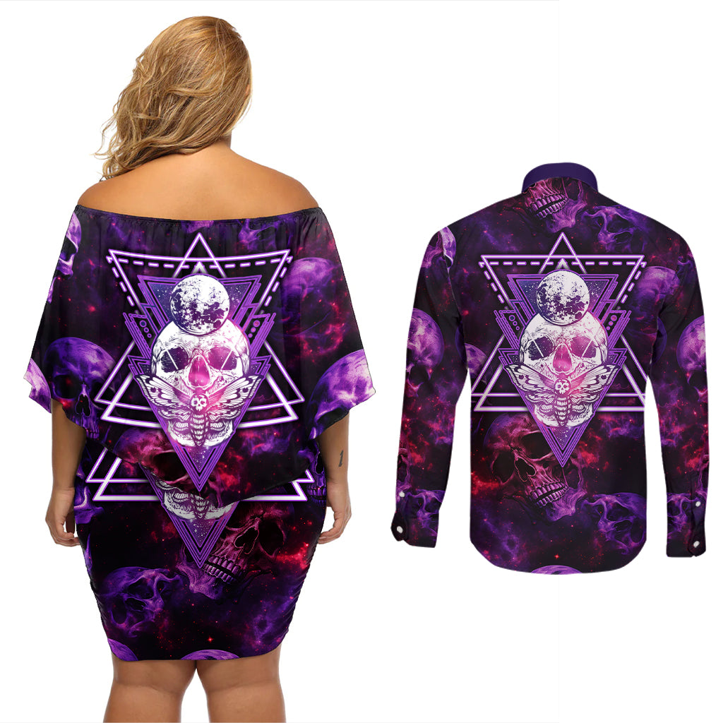 Skull and Moth Couples Matching Off Shoulder Short Dress and Long Sleeve Button Shirts Fantasy Cosmic Abstract - Grunge Purple Art - Wonder Print Shop