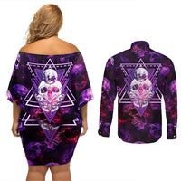 Skull and Moth Couples Matching Off Shoulder Short Dress and Long Sleeve Button Shirts Fantasy Cosmic Abstract - Grunge Purple Art - Wonder Print Shop