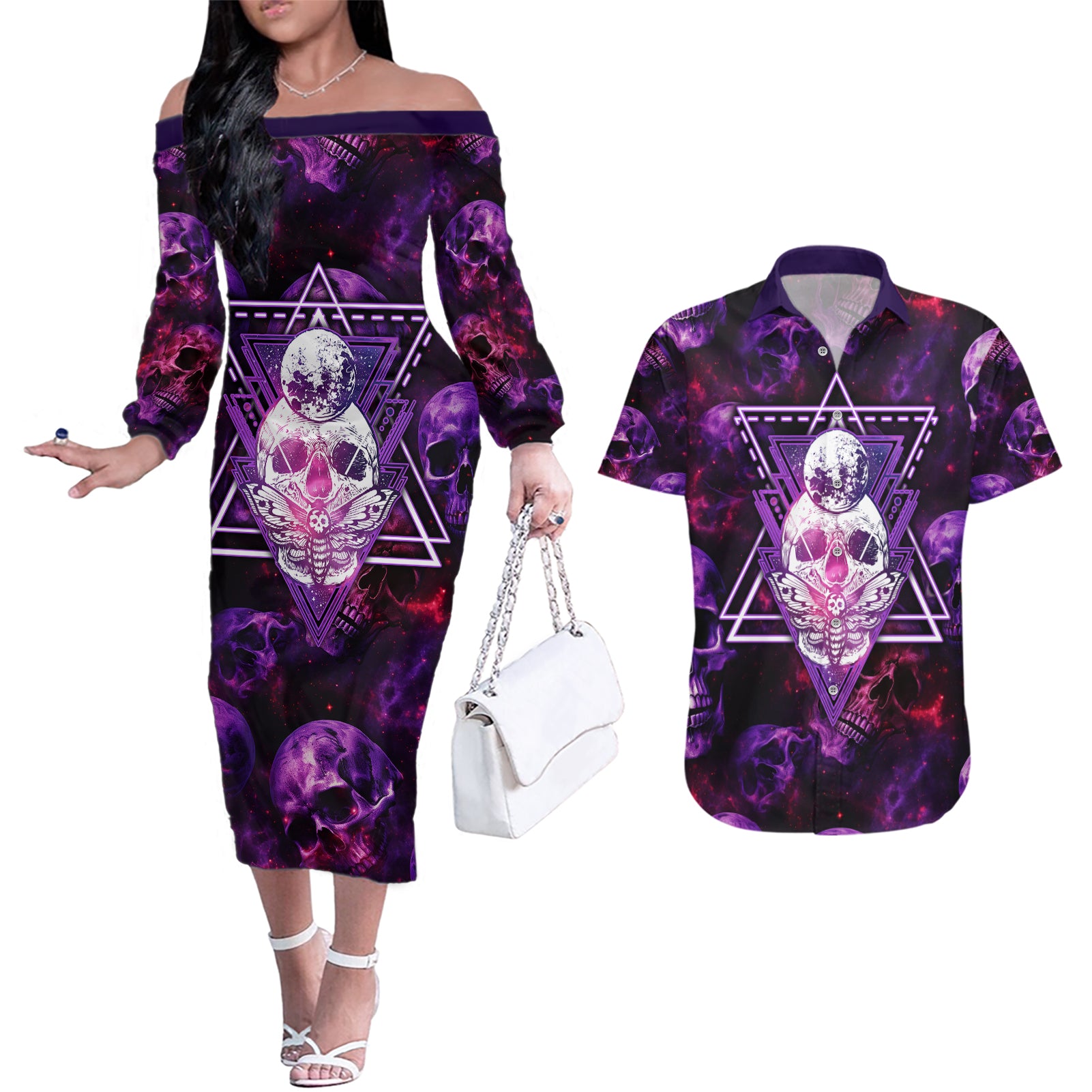 Skull and Moth Couples Matching Off The Shoulder Long Sleeve Dress and Hawaiian Shirt Fantasy Cosmic Abstract - Grunge Purple Art - Wonder Print Shop