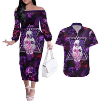 Skull and Moth Couples Matching Off The Shoulder Long Sleeve Dress and Hawaiian Shirt Fantasy Cosmic Abstract - Grunge Purple Art - Wonder Print Shop
