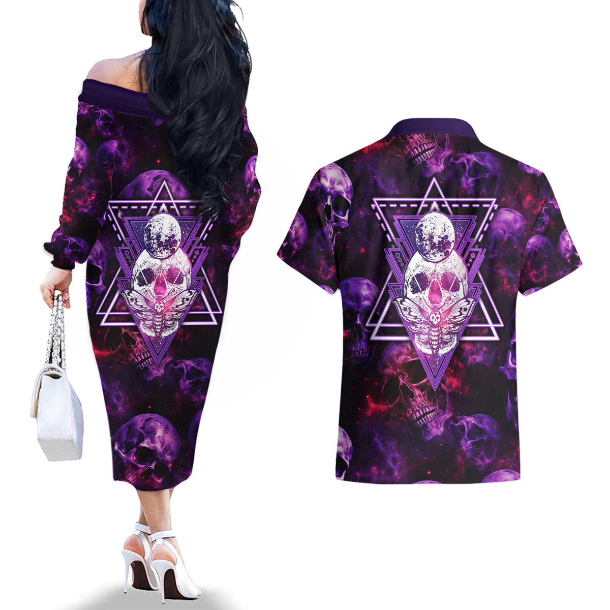 Skull and Moth Couples Matching Off The Shoulder Long Sleeve Dress and Hawaiian Shirt Fantasy Cosmic Abstract - Grunge Purple Art - Wonder Print Shop