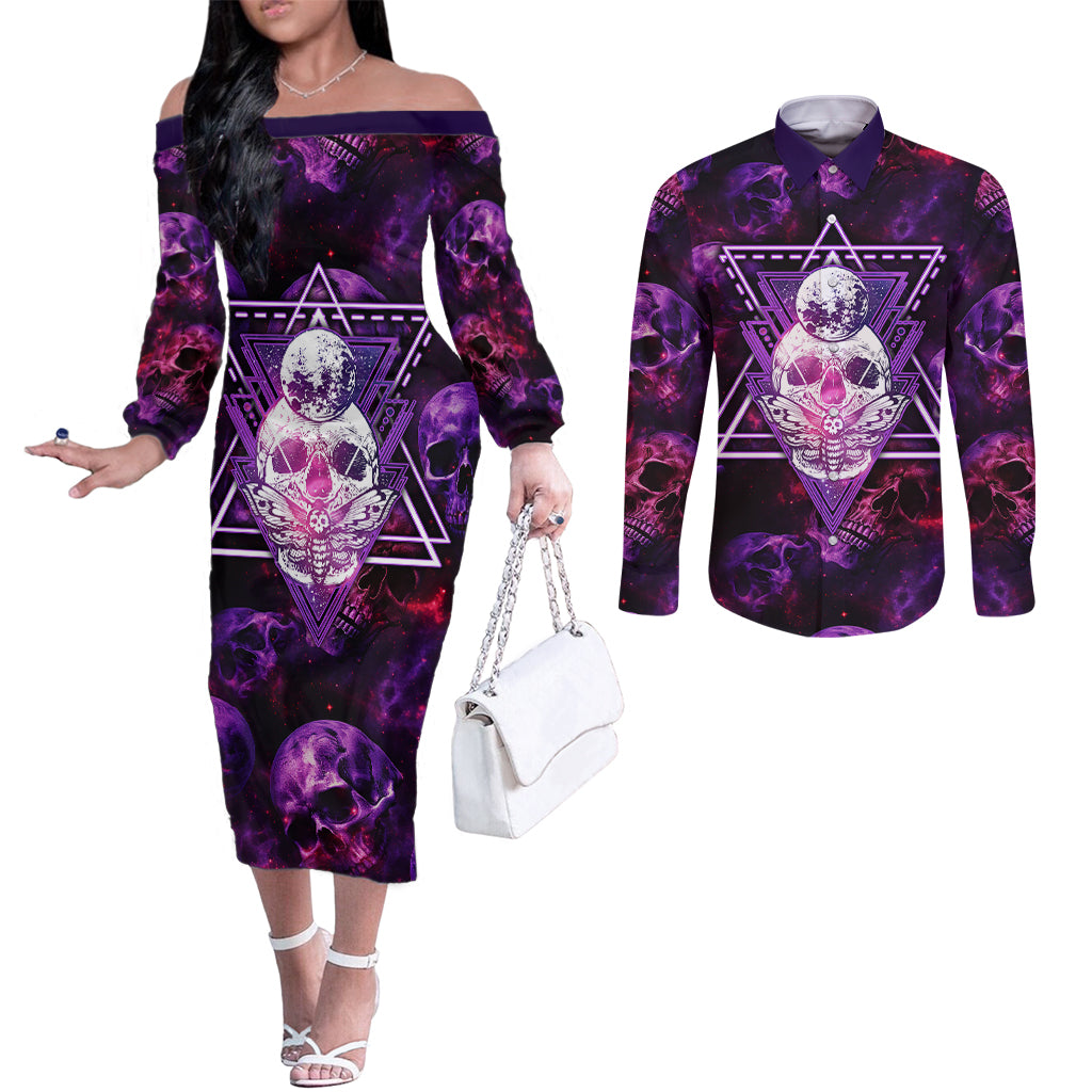 skull-and-moth-couples-matching-off-the-shoulder-long-sleeve-dress-and-long-sleeve-button-shirts-fantasy-cosmic-abstract-grunge-purple-art