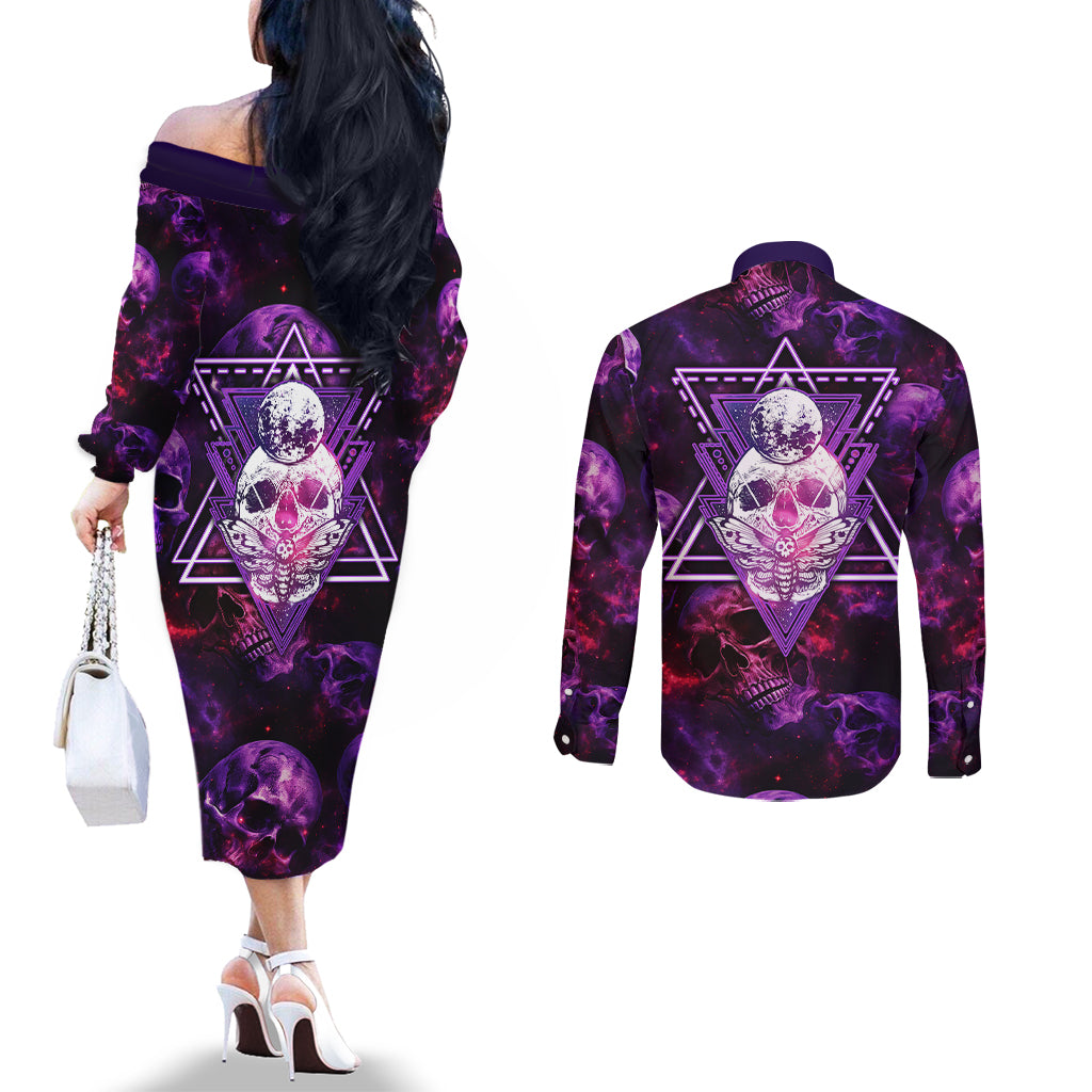 skull-and-moth-couples-matching-off-the-shoulder-long-sleeve-dress-and-long-sleeve-button-shirts-fantasy-cosmic-abstract-grunge-purple-art