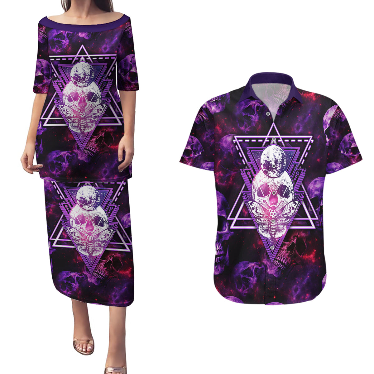 Skull and Moth Couples Matching Puletasi Dress and Hawaiian Shirt Fantasy Cosmic Abstract - Grunge Purple Art - Wonder Print Shop