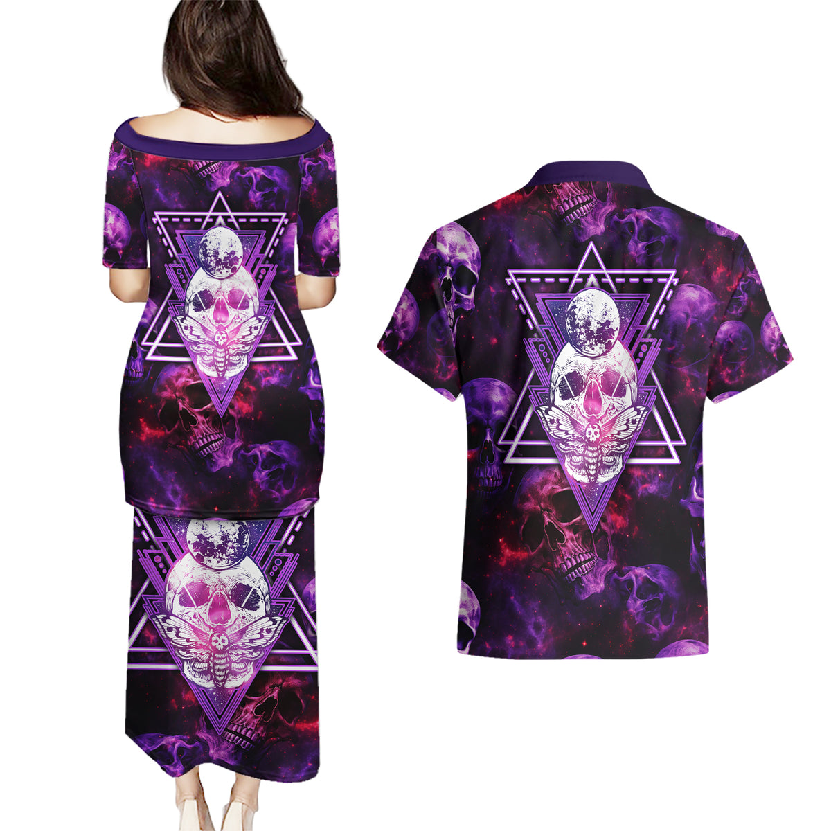Skull and Moth Couples Matching Puletasi Dress and Hawaiian Shirt Fantasy Cosmic Abstract - Grunge Purple Art - Wonder Print Shop