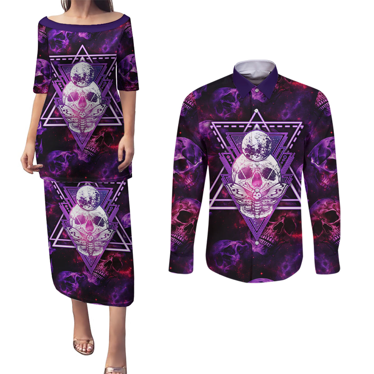 Skull and Moth Couples Matching Puletasi Dress and Long Sleeve Button Shirts Fantasy Cosmic Abstract - Grunge Purple Art - Wonder Print Shop