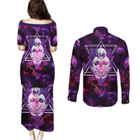 Skull and Moth Couples Matching Puletasi Dress and Long Sleeve Button Shirts Fantasy Cosmic Abstract - Grunge Purple Art - Wonder Print Shop