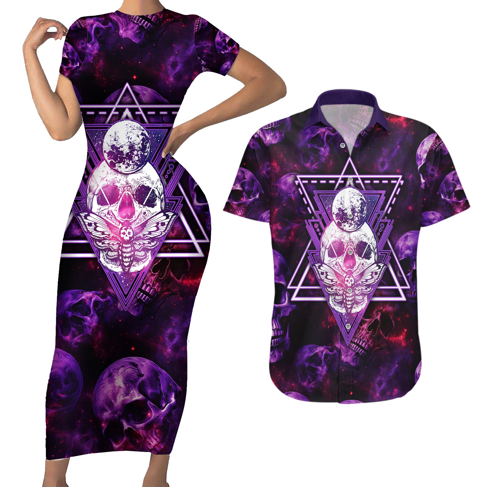 Skull and Moth Couples Matching Short Sleeve Bodycon Dress and Hawaiian Shirt Fantasy Cosmic Abstract - Grunge Purple Art - Wonder Print Shop