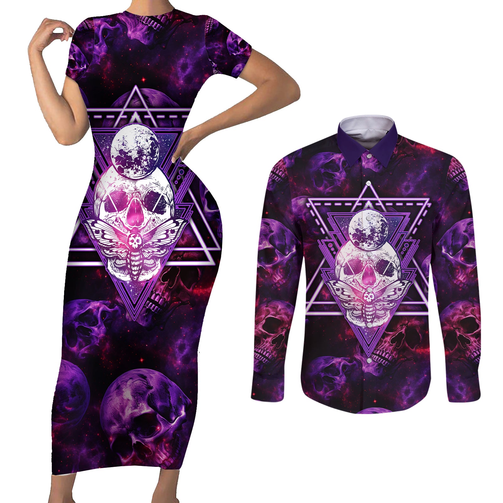 Skull and Moth Couples Matching Short Sleeve Bodycon Dress and Long Sleeve Button Shirts Fantasy Cosmic Abstract - Grunge Purple Art - Wonder Print Shop