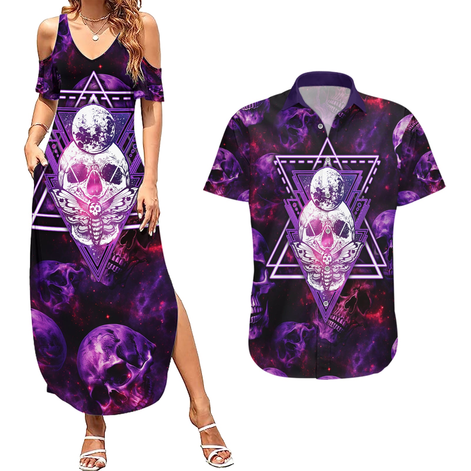 Skull and Moth Couples Matching Summer Maxi Dress and Hawaiian Shirt Fantasy Cosmic Abstract - Grunge Purple Art - Wonder Print Shop