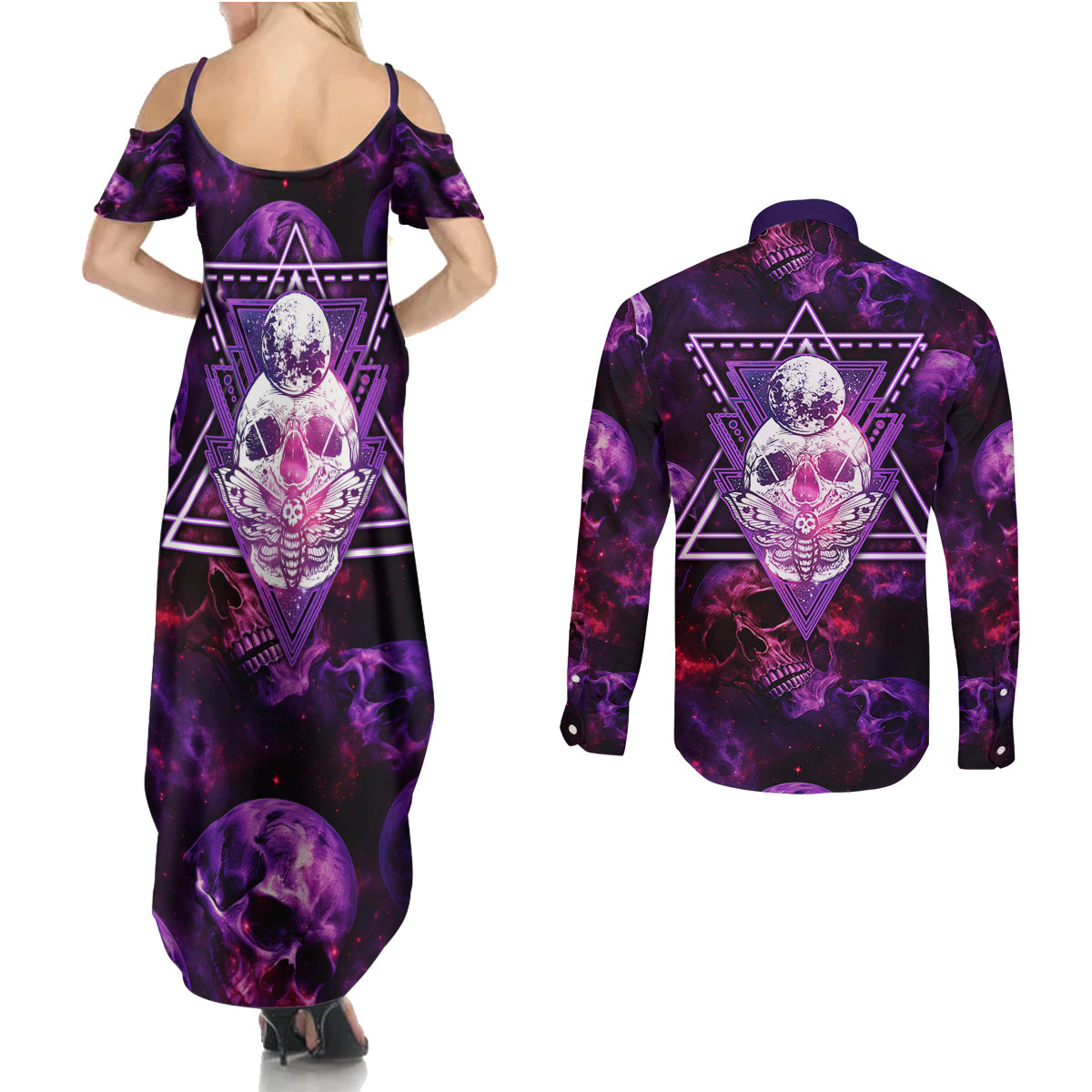 Skull and Moth Couples Matching Summer Maxi Dress and Long Sleeve Button Shirts Fantasy Cosmic Abstract - Grunge Purple Art - Wonder Print Shop