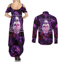 Skull and Moth Couples Matching Summer Maxi Dress and Long Sleeve Button Shirts Fantasy Cosmic Abstract - Grunge Purple Art - Wonder Print Shop