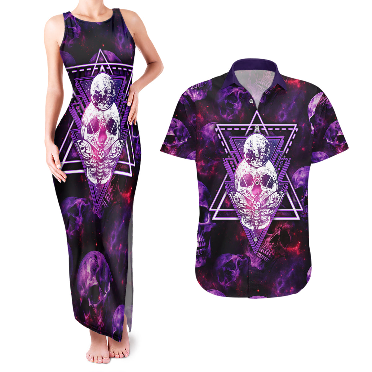 Skull and Moth Couples Matching Tank Maxi Dress and Hawaiian Shirt Fantasy Cosmic Abstract - Grunge Purple Art - Wonder Print Shop