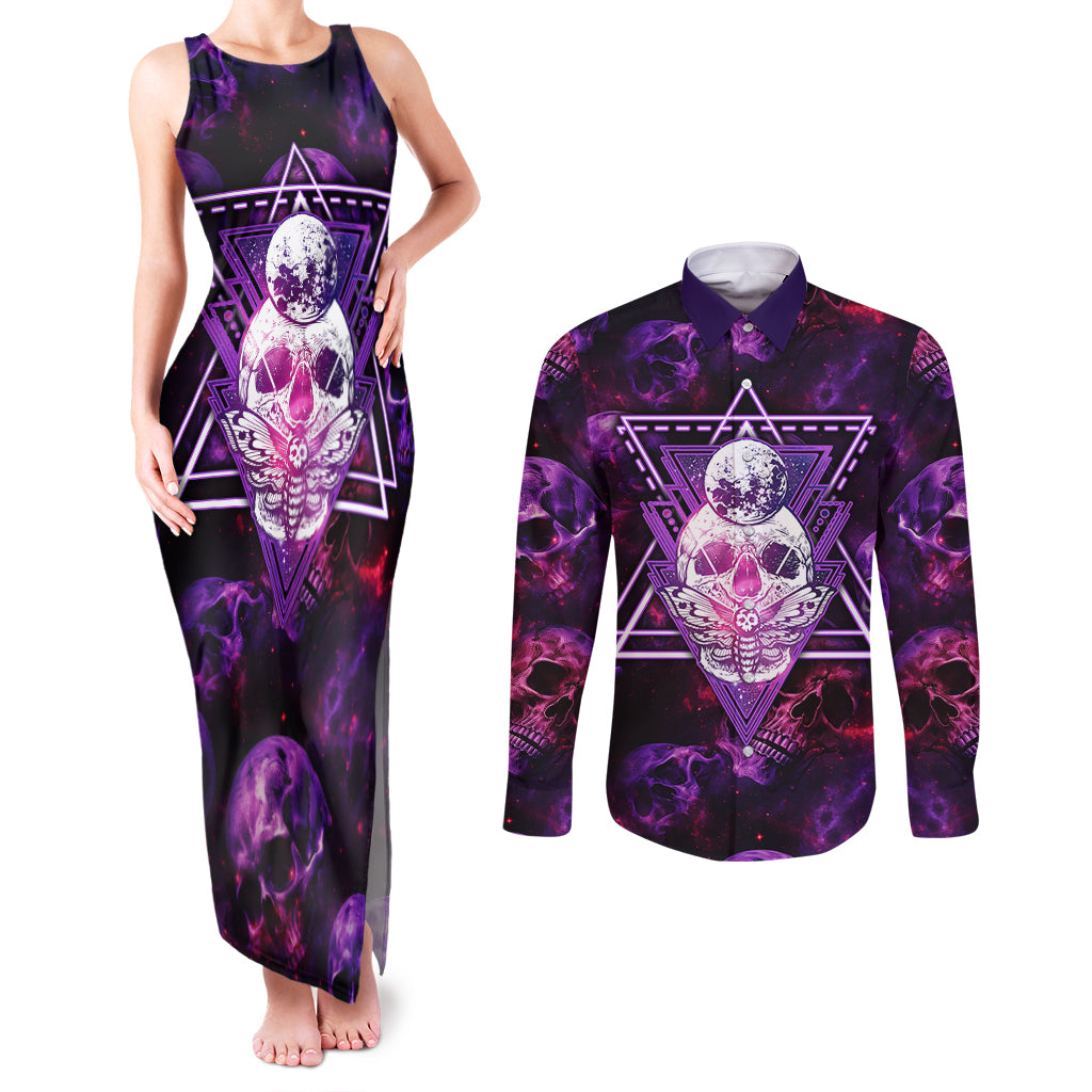 Skull and Moth Couples Matching Tank Maxi Dress and Long Sleeve Button Shirts Fantasy Cosmic Abstract - Grunge Purple Art - Wonder Print Shop