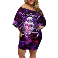 Skull and Moth Family Matching Off Shoulder Short Dress and Hawaiian Shirt Fantasy Cosmic Abstract - Grunge Purple Art - Wonder Print Shop