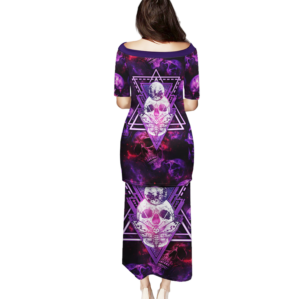 Skull and Moth Family Matching Puletasi Dress and Hawaiian Shirt Fantasy Cosmic Abstract - Grunge Purple Art - Wonder Print Shop