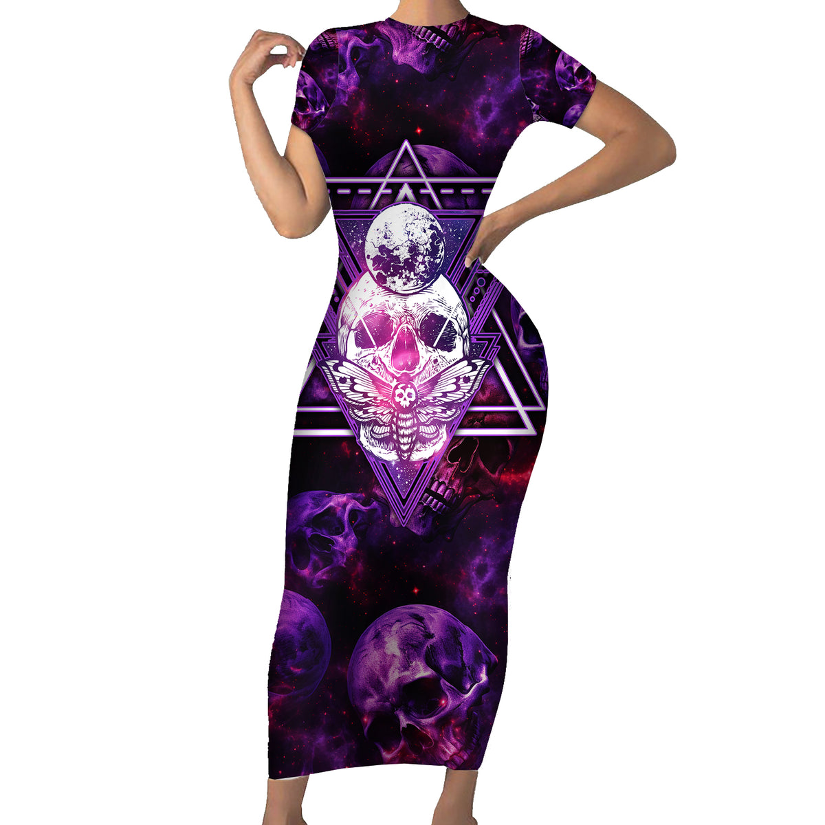 Skull and Moth Family Matching Short Sleeve Bodycon Dress and Hawaiian Shirt Fantasy Cosmic Abstract - Grunge Purple Art - Wonder Print Shop