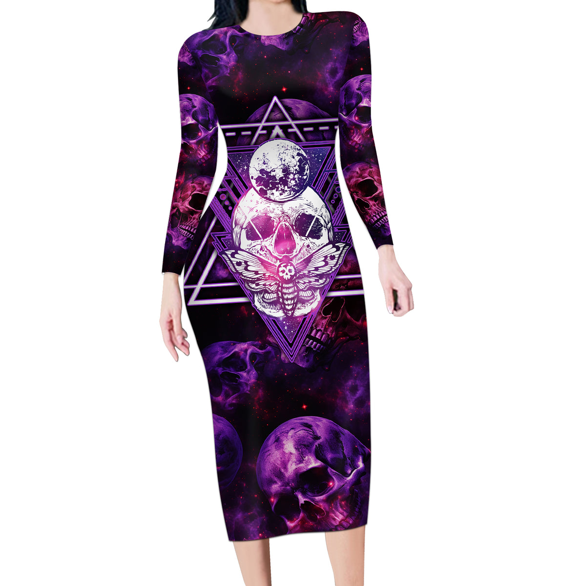 Skull and Moth Long Sleeve Bodycon Dress Fantasy Cosmic Abstract - Grunge Purple Art - Wonder Print Shop