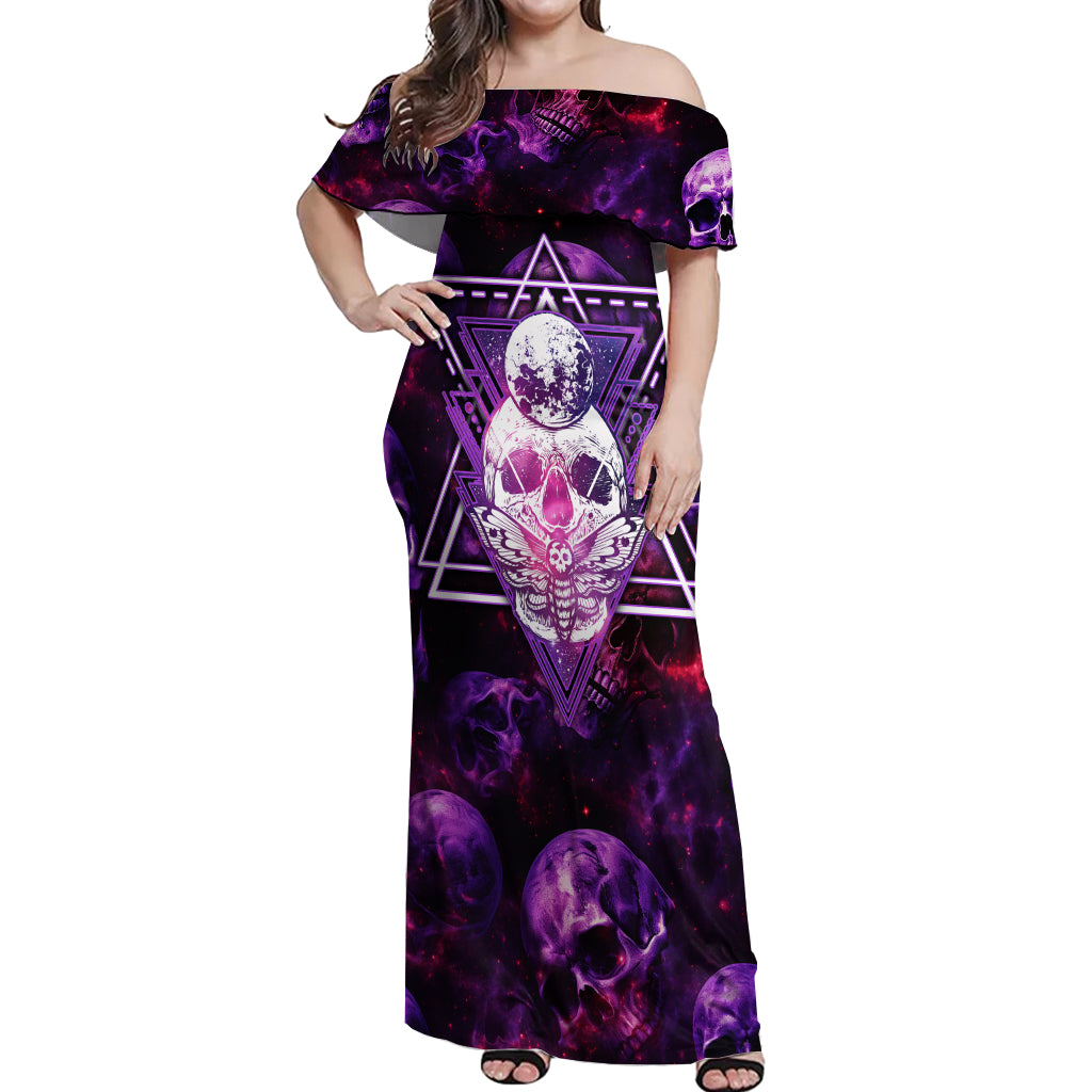 Skull and Moth Off Shoulder Maxi Dress Fantasy Cosmic Abstract - Grunge Purple Art - Wonder Print Shop