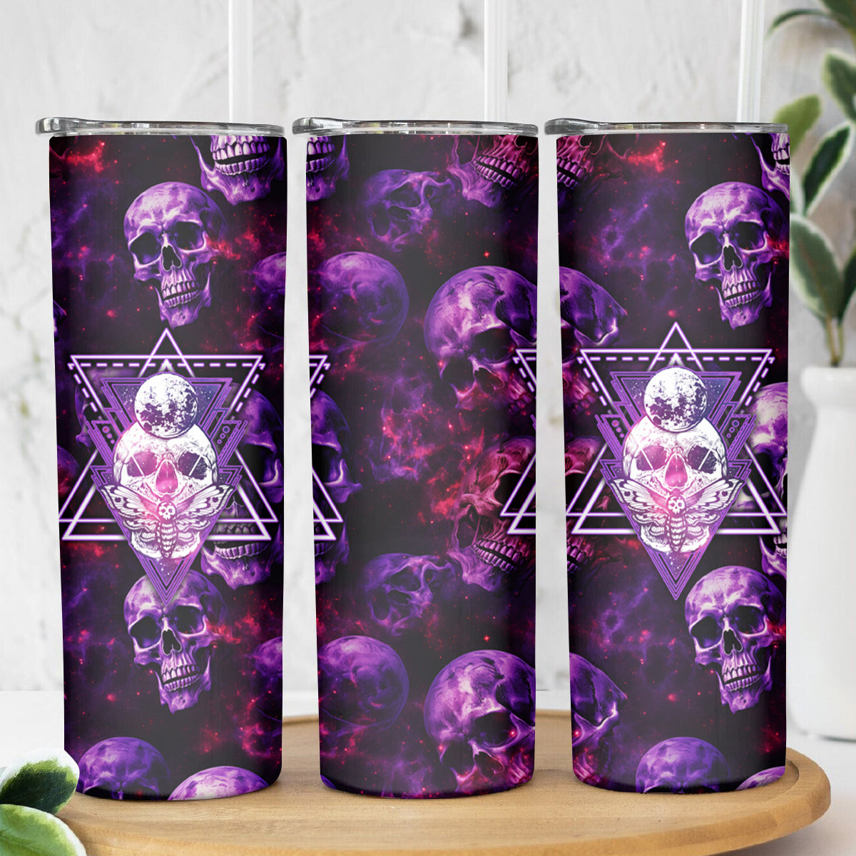 Skull and Moth Skinny Tumbler Fantasy Cosmic Abstract - Grunge Purple Art - Wonder Print Shop