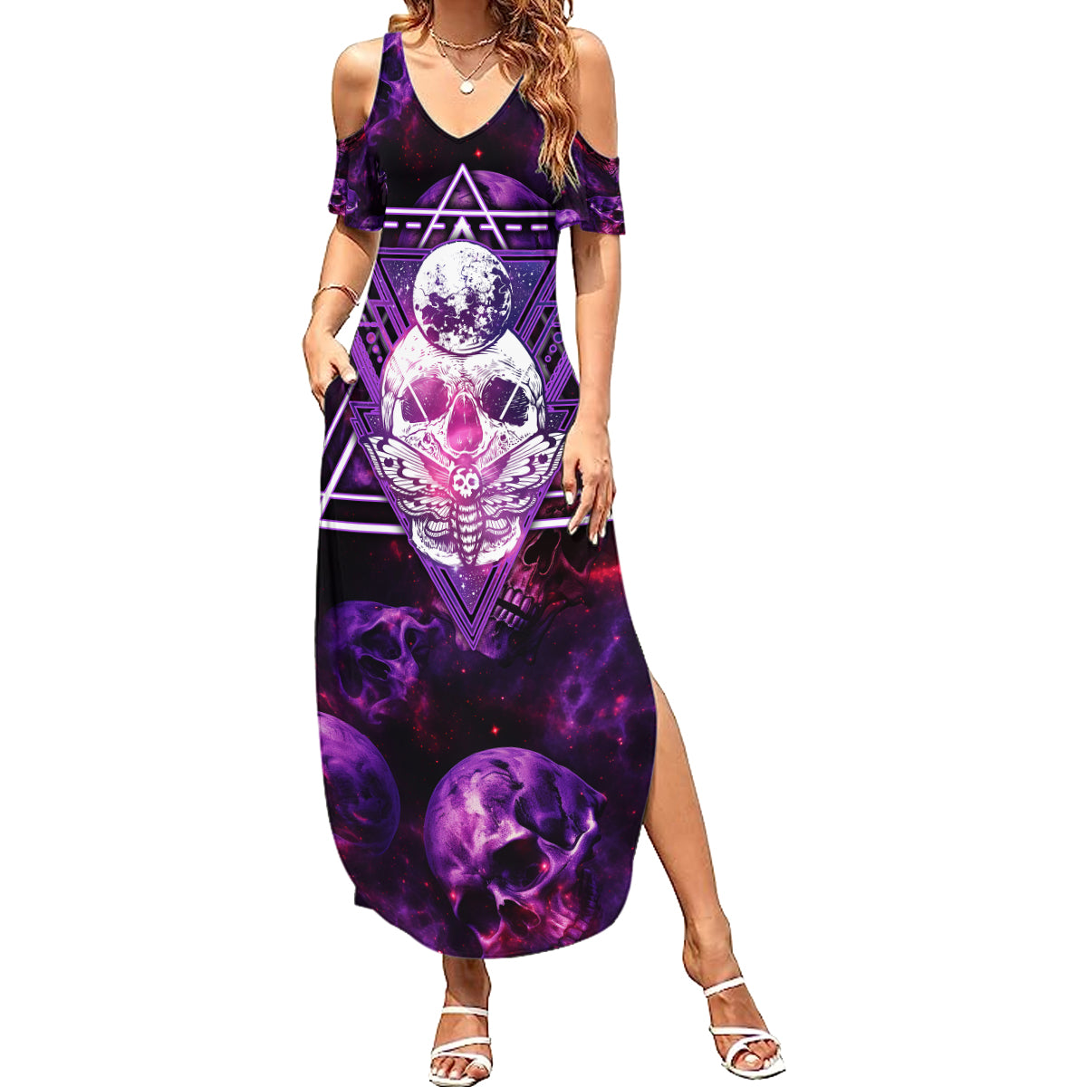 Skull and Moth Summer Maxi Dress Fantasy Cosmic Abstract - Grunge Purple Art - Wonder Print Shop