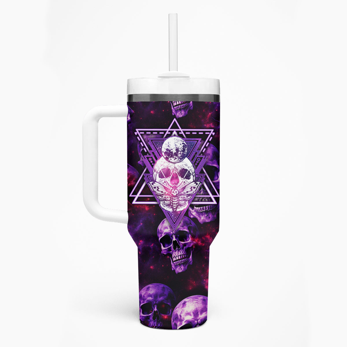 Skull and Moth Tumbler With Handle Fantasy Cosmic Abstract - Grunge Purple Art - Wonder Print Shop