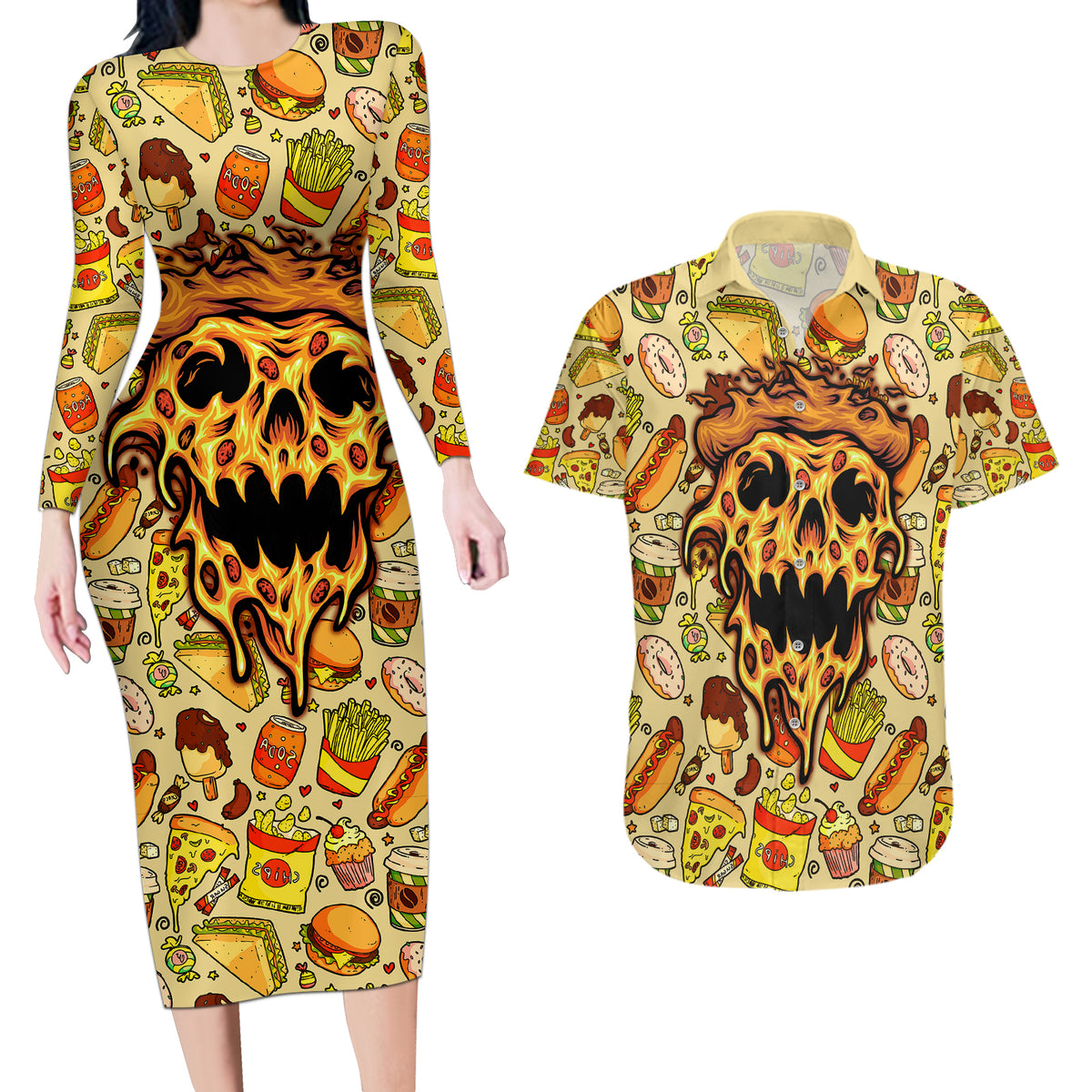 Skull Pizza Pattern Couples Matching Long Sleeve Bodycon Dress and Hawaiian Shirt Rest in pizza - Wonder Print Shop