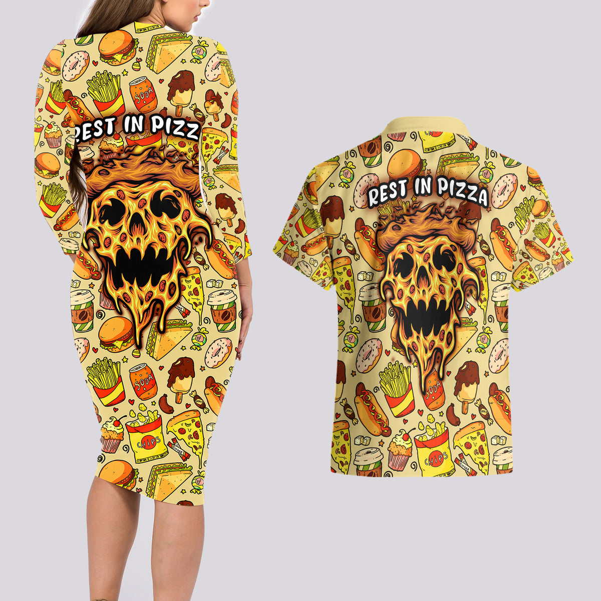 Skull Pizza Pattern Couples Matching Long Sleeve Bodycon Dress and Hawaiian Shirt Rest in pizza - Wonder Print Shop