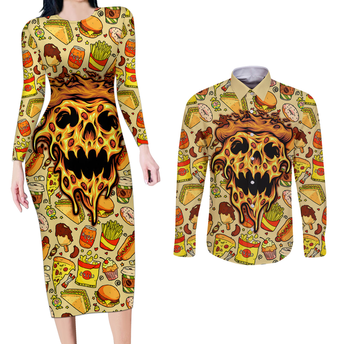 Skull Pizza Pattern Couples Matching Long Sleeve Bodycon Dress and Long Sleeve Button Shirts Rest in pizza - Wonder Print Shop