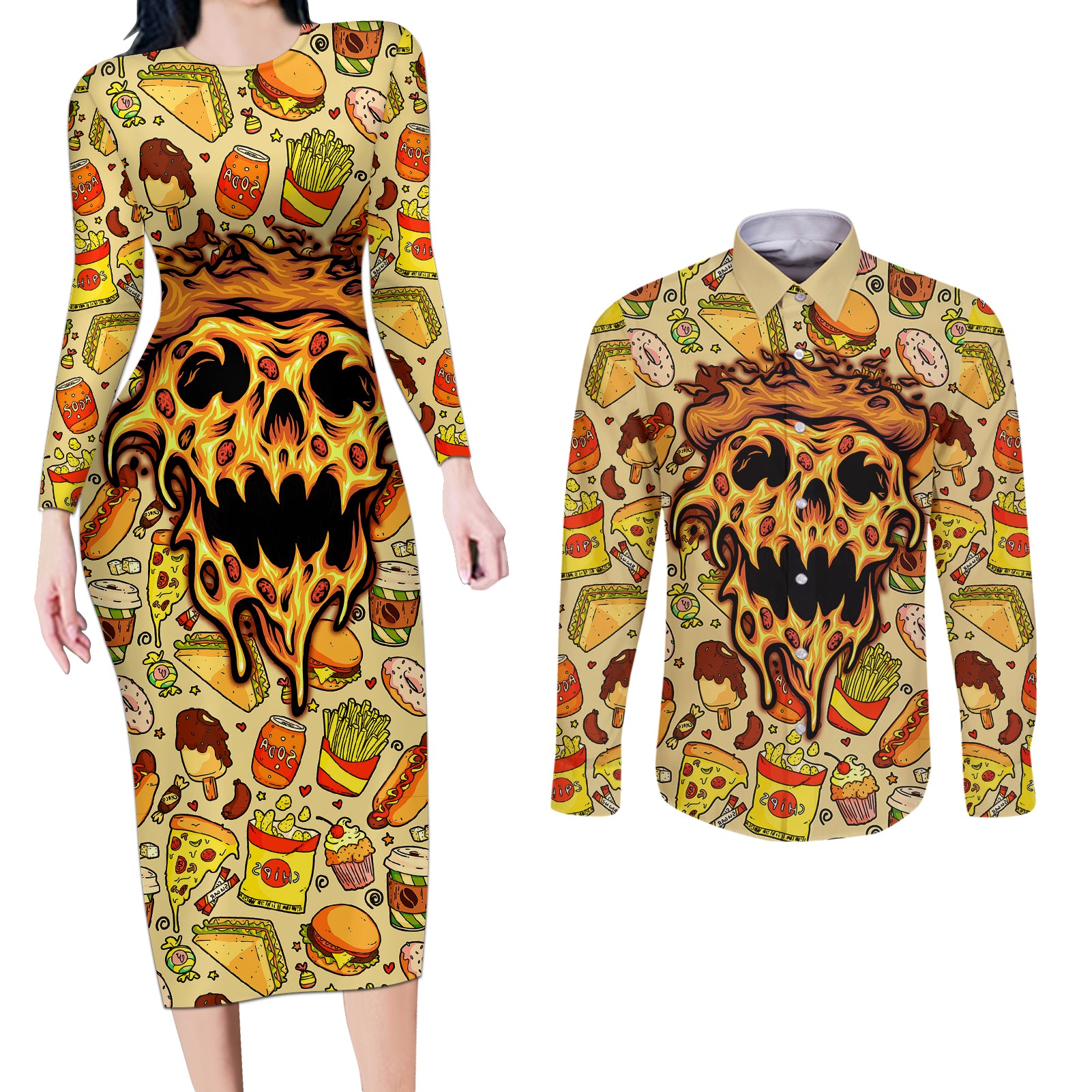 Skull Pizza Pattern Couples Matching Long Sleeve Bodycon Dress and Long Sleeve Button Shirts Rest in pizza - Wonder Print Shop