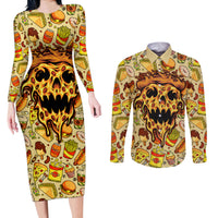 Skull Pizza Pattern Couples Matching Long Sleeve Bodycon Dress and Long Sleeve Button Shirts Rest in pizza - Wonder Print Shop
