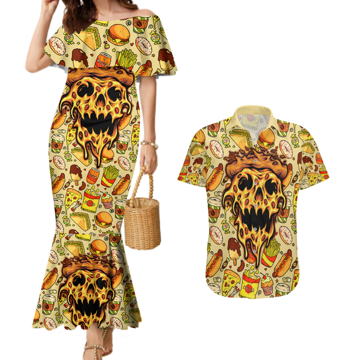 Skull Pizza Pattern Couples Matching Mermaid Dress and Hawaiian Shirt Rest in pizza - Wonder Print Shop