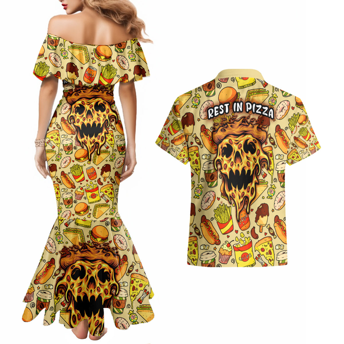 Skull Pizza Pattern Couples Matching Mermaid Dress and Hawaiian Shirt Rest in pizza - Wonder Print Shop