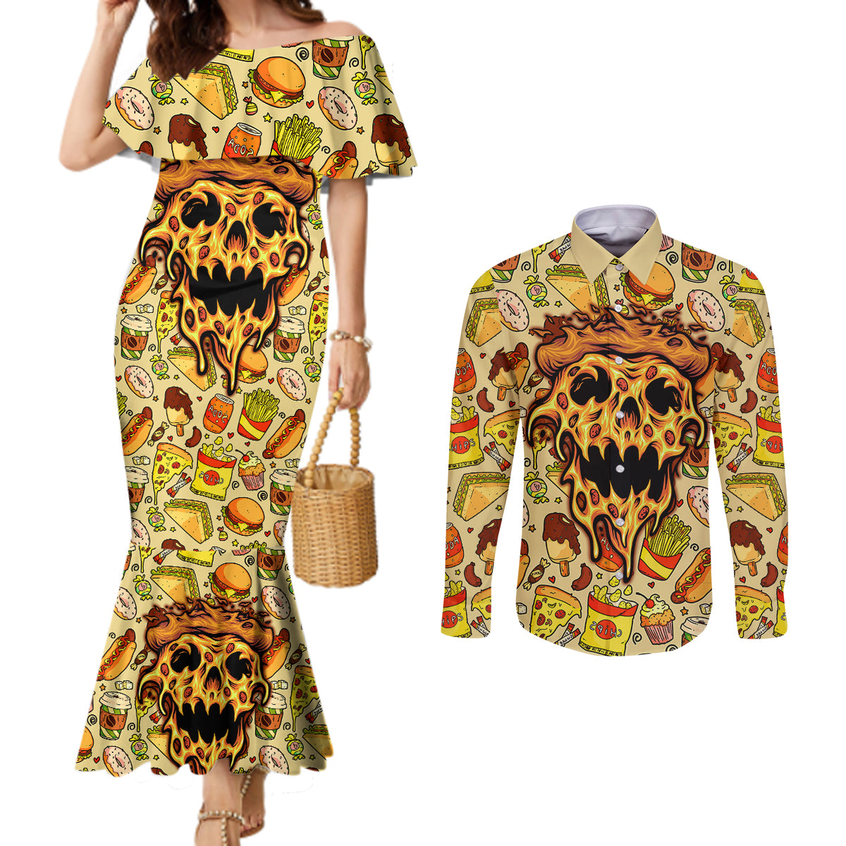 skull-pizza-pattern-couples-matching-mermaid-dress-and-long-sleeve-button-shirts-rest-in-pizza