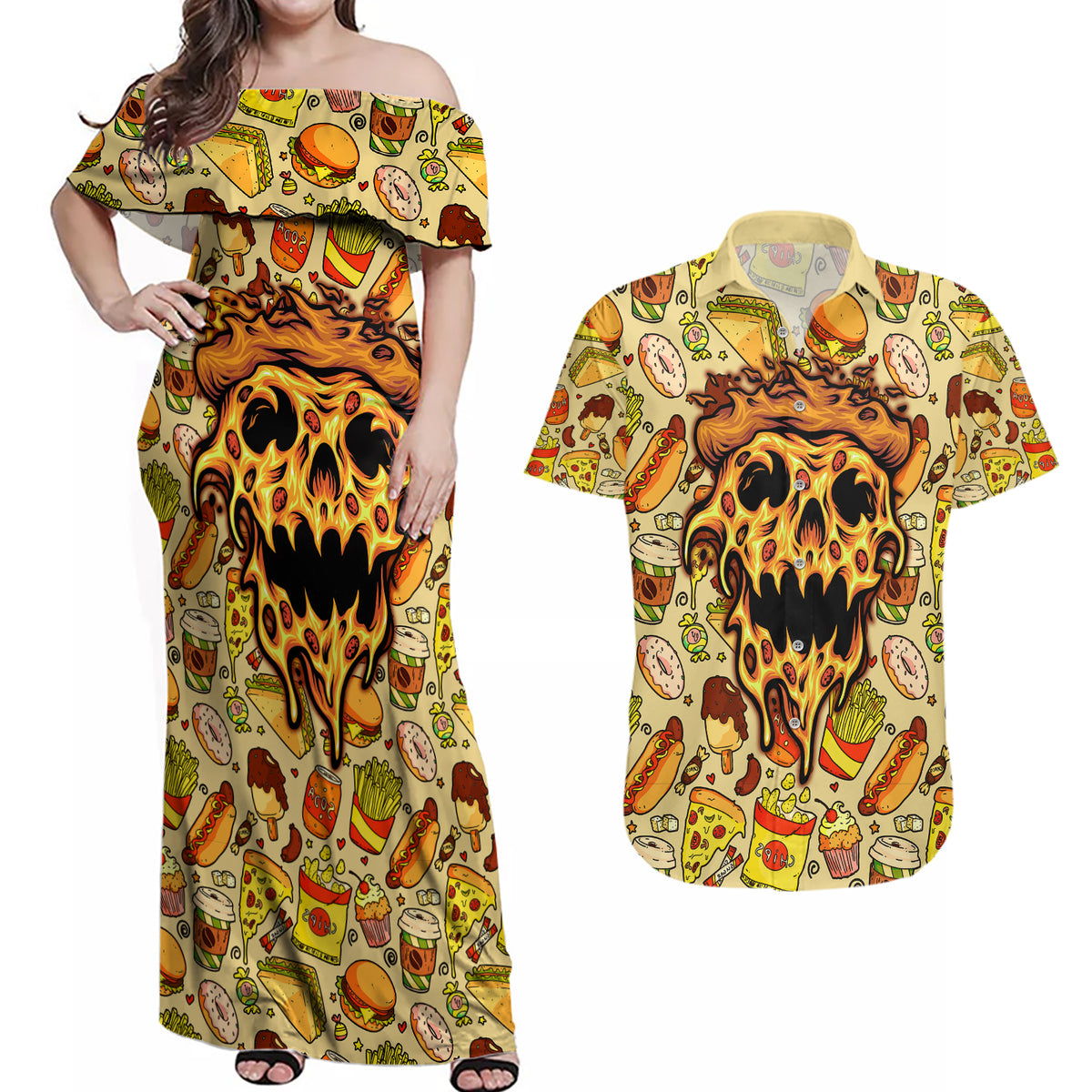 Skull Pizza Pattern Couples Matching Off Shoulder Maxi Dress and Hawaiian Shirt Rest in pizza - Wonder Print Shop