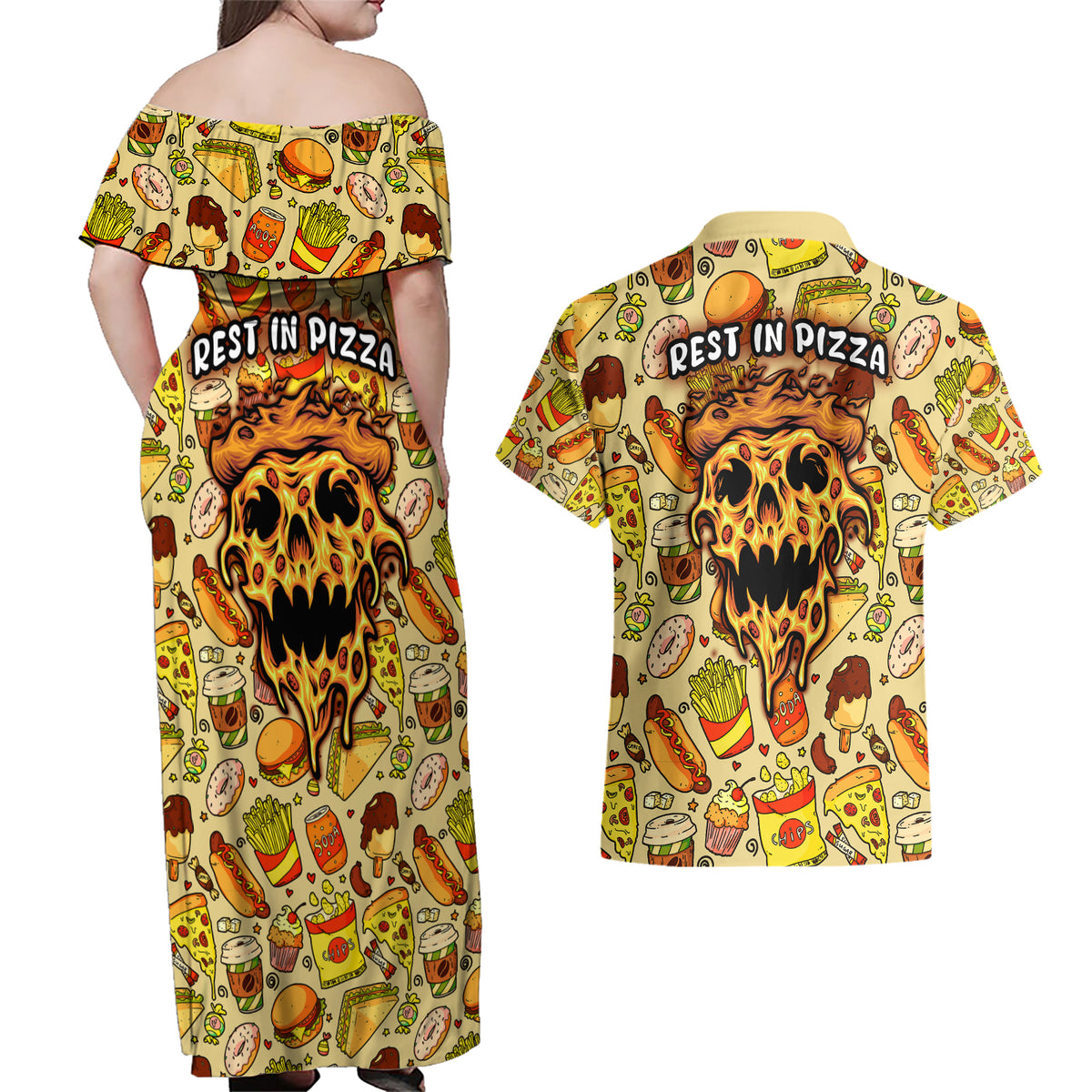 Skull Pizza Pattern Couples Matching Off Shoulder Maxi Dress and Hawaiian Shirt Rest in pizza - Wonder Print Shop