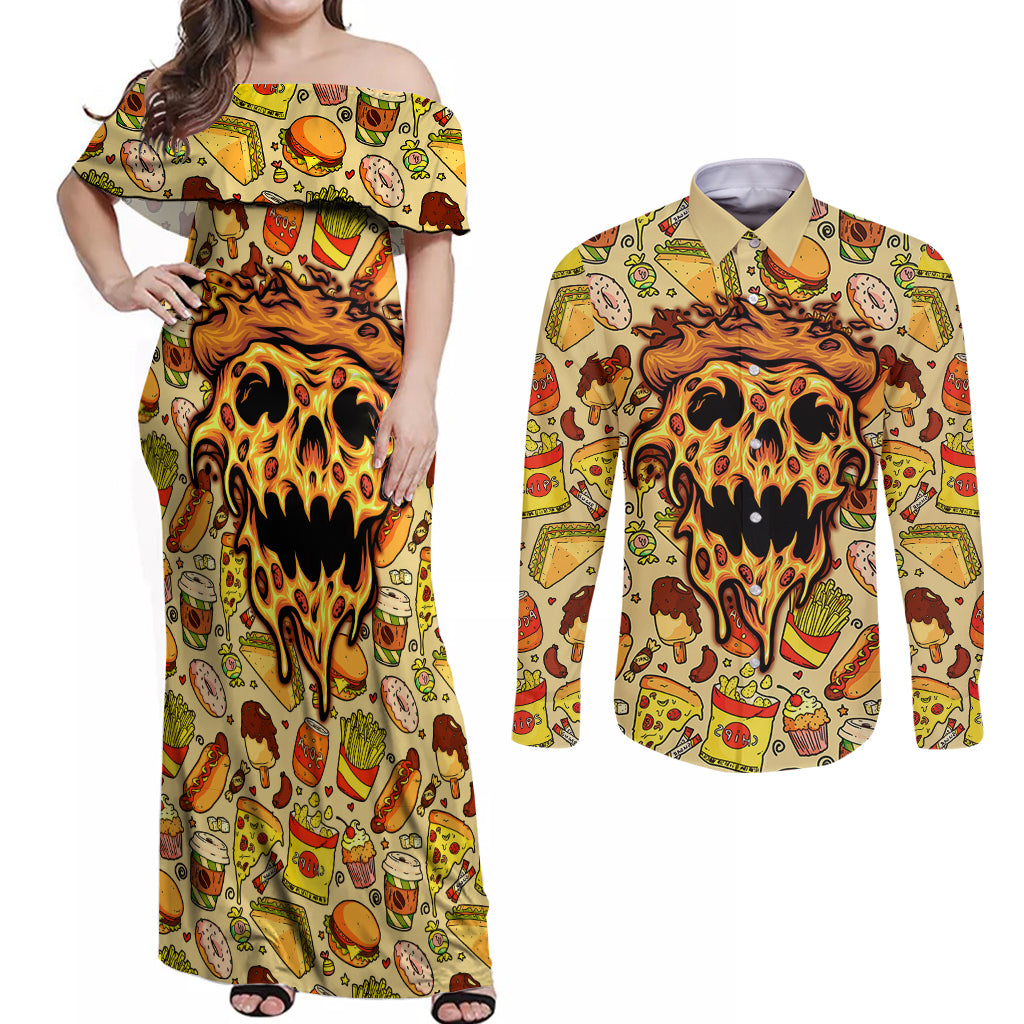 Skull Pizza Pattern Couples Matching Off Shoulder Maxi Dress and Long Sleeve Button Shirts Rest in pizza - Wonder Print Shop