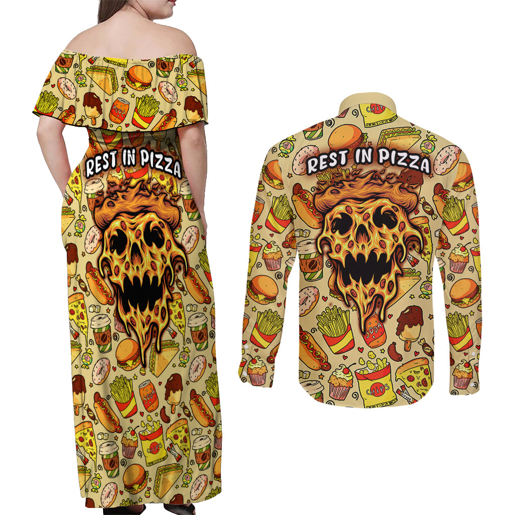 Skull Pizza Pattern Couples Matching Off Shoulder Maxi Dress and Long Sleeve Button Shirts Rest in pizza - Wonder Print Shop