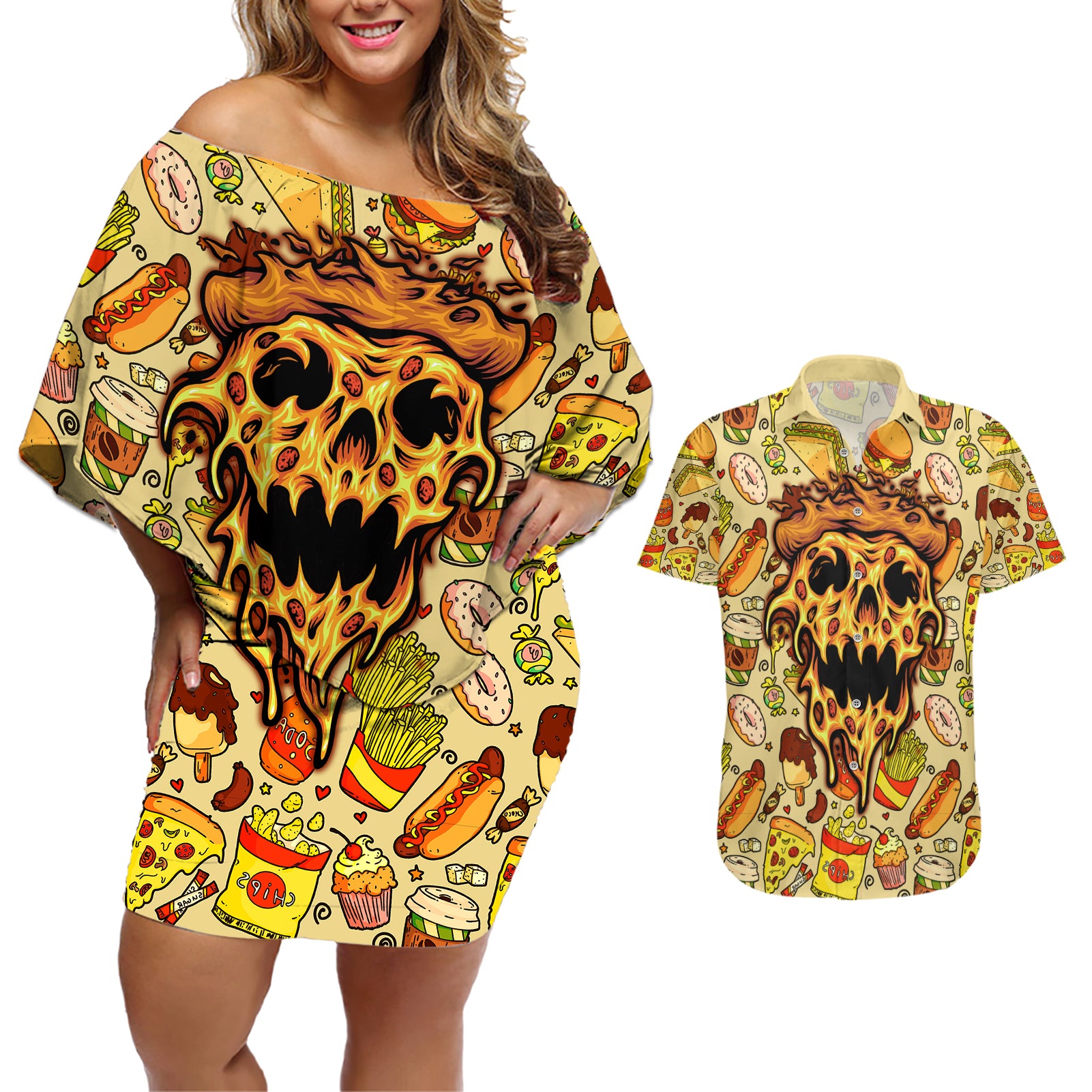 Skull Pizza Pattern Couples Matching Off Shoulder Short Dress and Hawaiian Shirt Rest in pizza - Wonder Print Shop