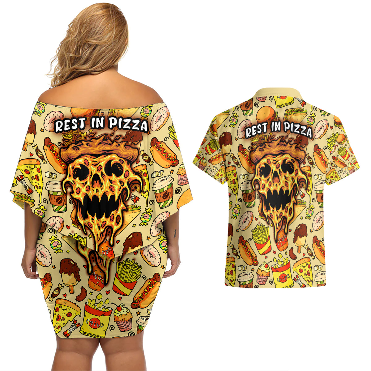 Skull Pizza Pattern Couples Matching Off Shoulder Short Dress and Hawaiian Shirt Rest in pizza - Wonder Print Shop