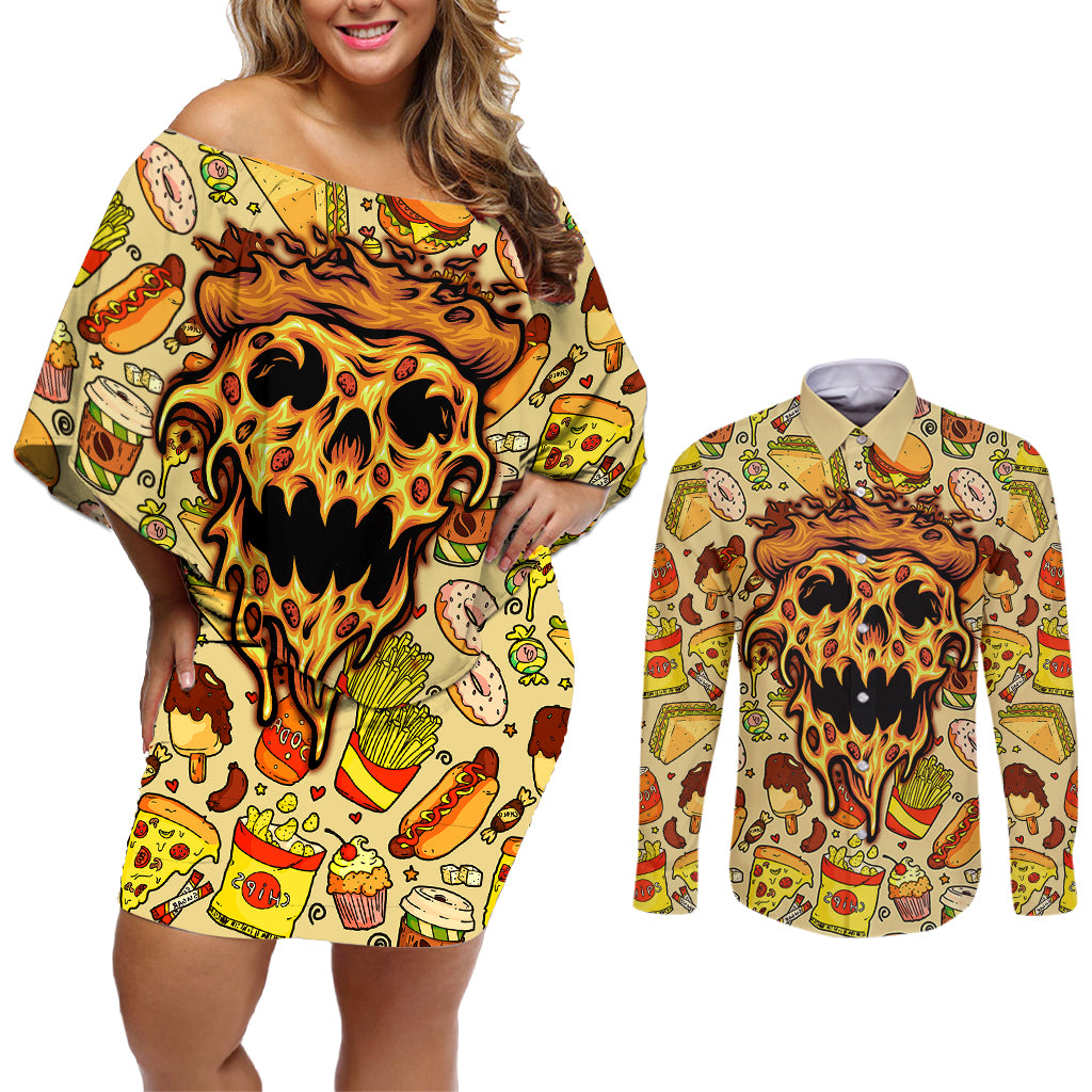 Skull Pizza Pattern Couples Matching Off Shoulder Short Dress and Long Sleeve Button Shirts Rest in pizza - Wonder Print Shop