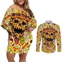 Skull Pizza Pattern Couples Matching Off Shoulder Short Dress and Long Sleeve Button Shirts Rest in pizza - Wonder Print Shop