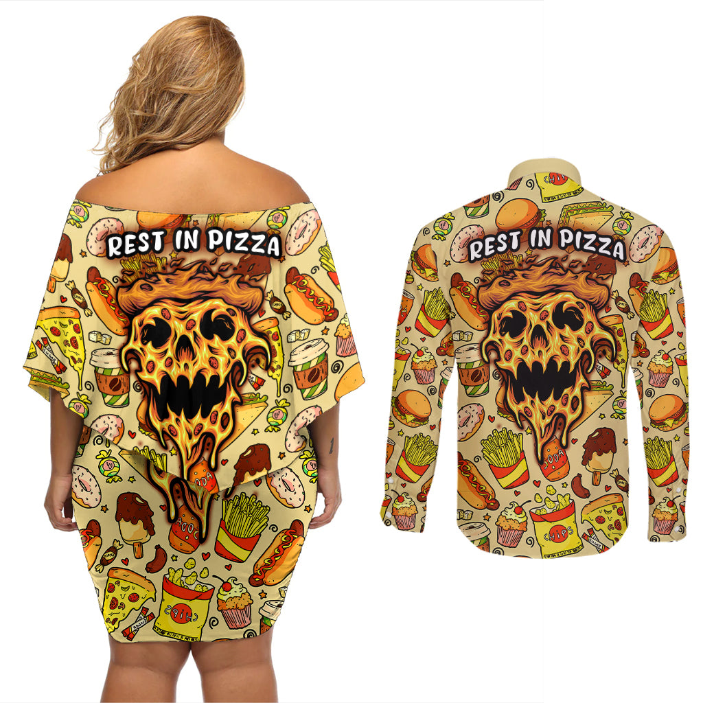 Skull Pizza Pattern Couples Matching Off Shoulder Short Dress and Long Sleeve Button Shirts Rest in pizza - Wonder Print Shop