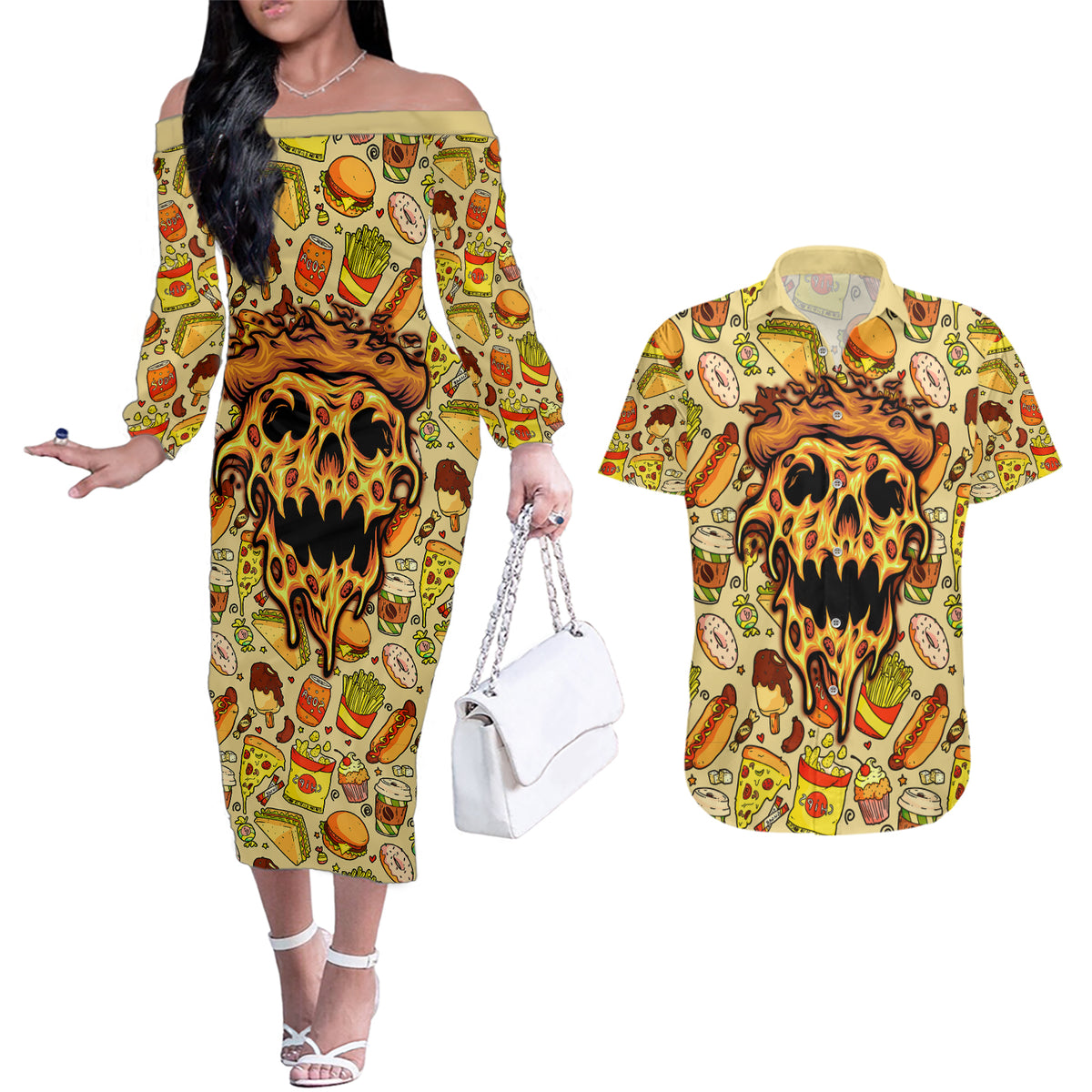 Skull Pizza Pattern Couples Matching Off The Shoulder Long Sleeve Dress and Hawaiian Shirt Rest in pizza - Wonder Print Shop