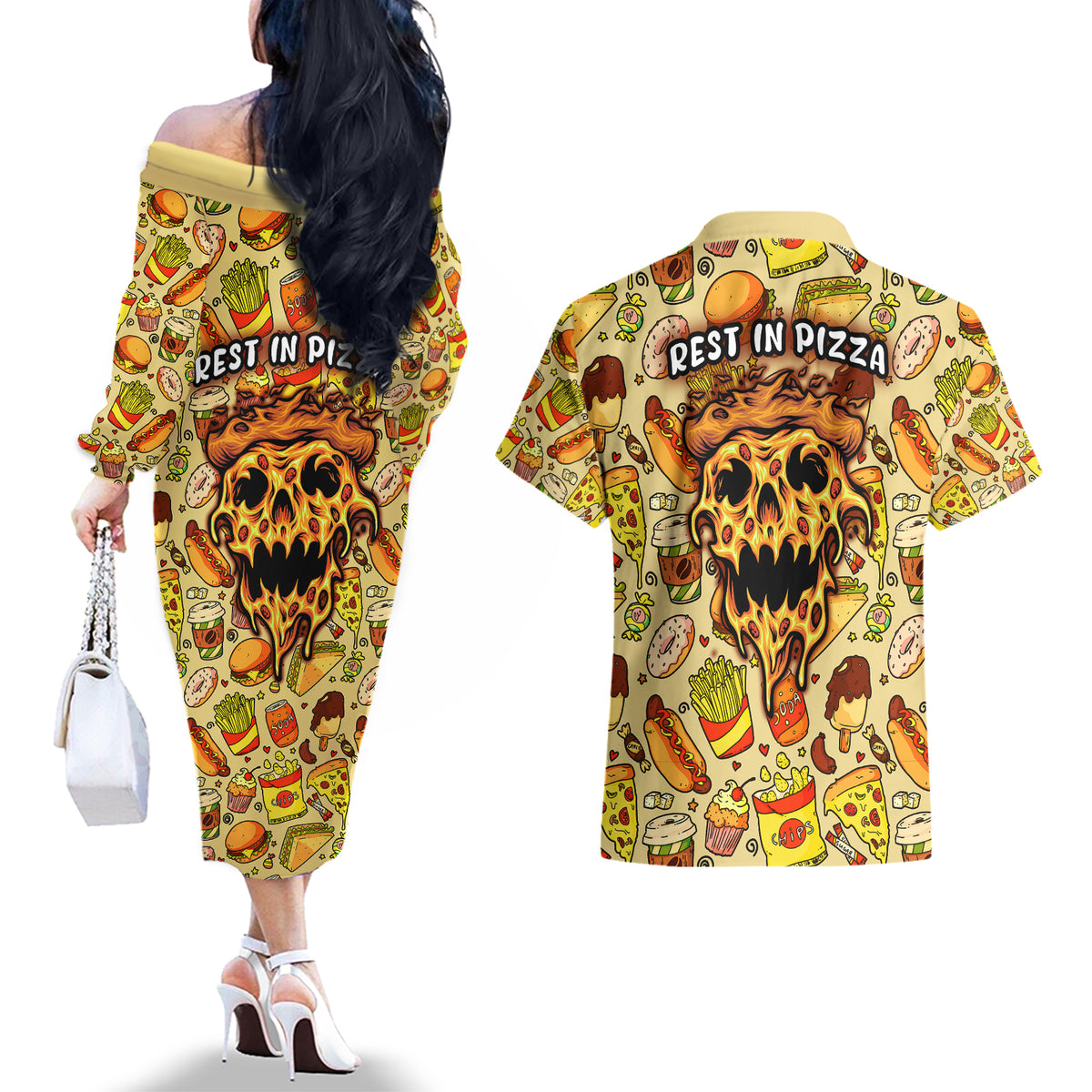 Skull Pizza Pattern Couples Matching Off The Shoulder Long Sleeve Dress and Hawaiian Shirt Rest in pizza - Wonder Print Shop