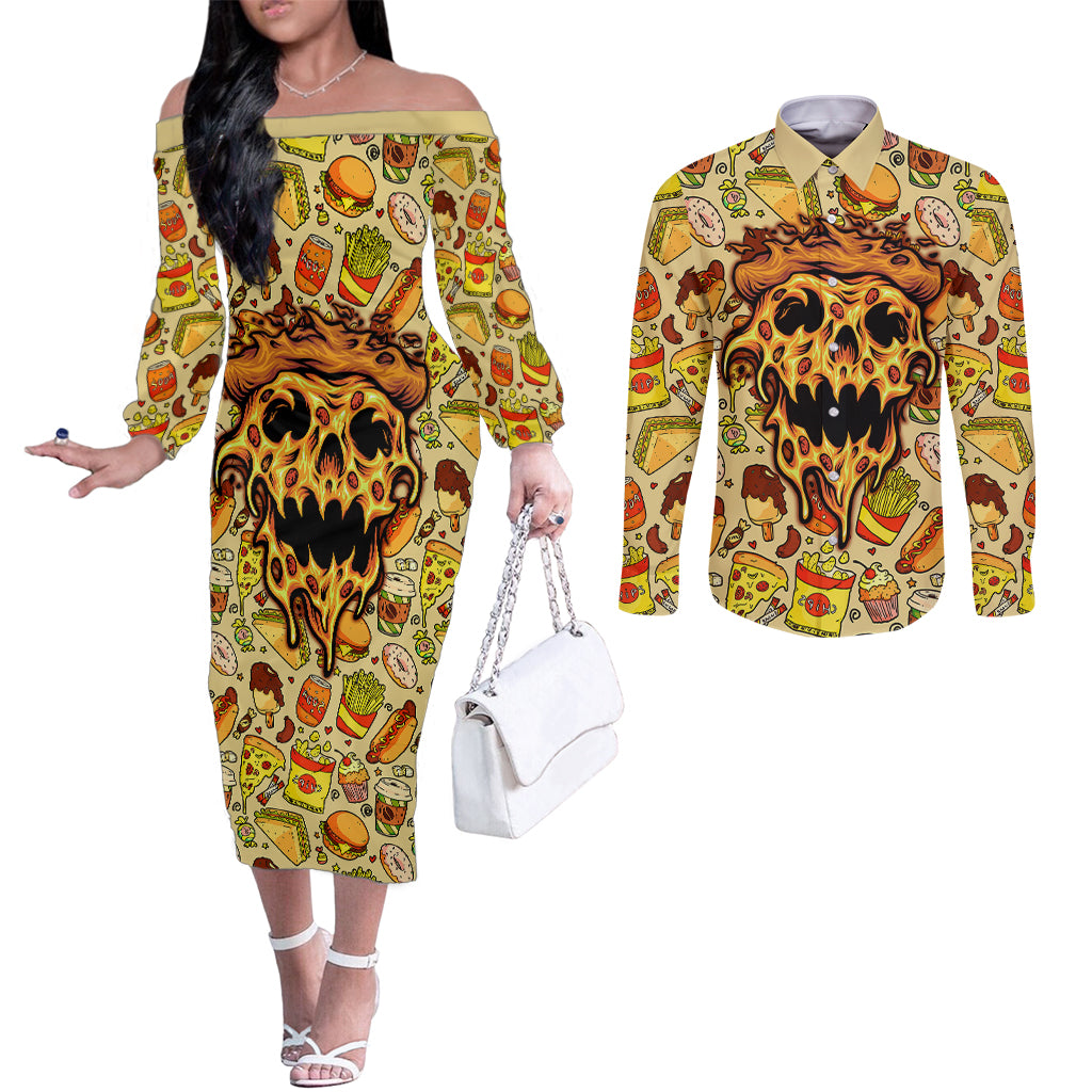 skull-pizza-pattern-couples-matching-off-the-shoulder-long-sleeve-dress-and-long-sleeve-button-shirts-rest-in-pizza